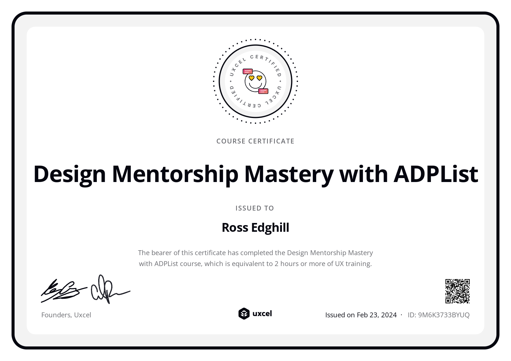 Ross Edghill's certificate